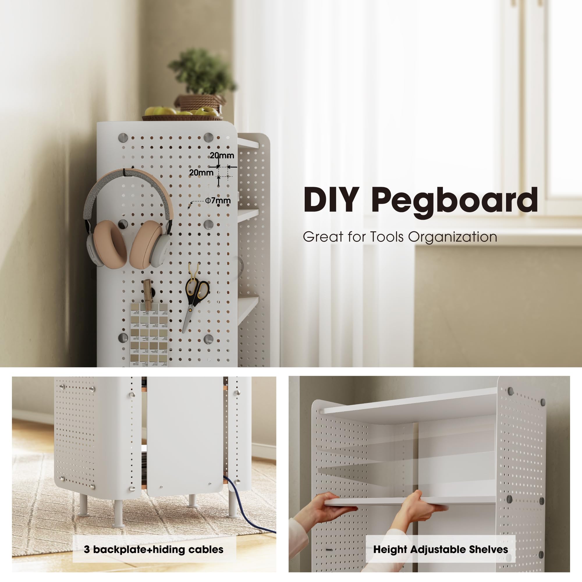 Fenge Bookshelf 4 Tiers Open Bookcase with Pegboard White