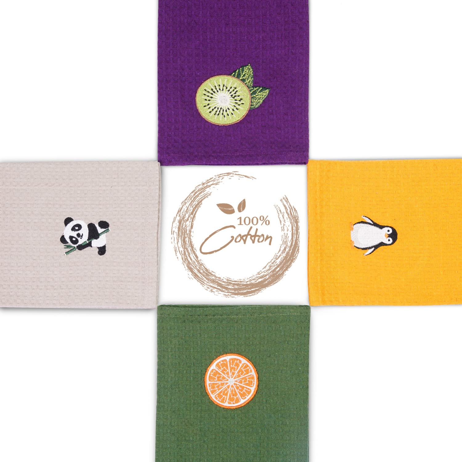 YOGAN Tea Towels/Kitchen Towels Pack of 4 | 100% Cotton | 50x70cm | Waffle Weave | Super Soft | Super Absorbent | Lint Free | Embroidery