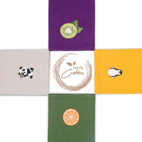 YOGAN Tea Towels/Kitchen Towels Pack of 4 | 100% Cotton | 50x70cm | Waffle Weave | Super Soft | Super Absorbent | Lint Free | Embroidery