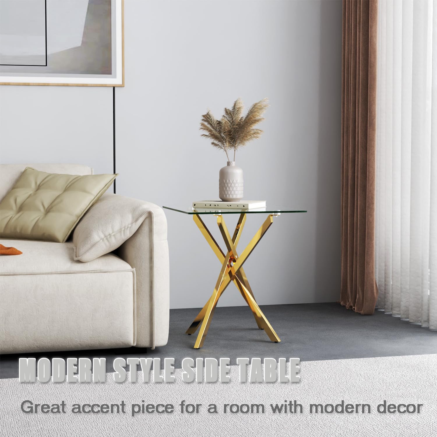 GOLDFAN Small Glass End Table with Gold Legs for Living Room Square Side Table Modern Contemporary Nightstand for Bedroom
