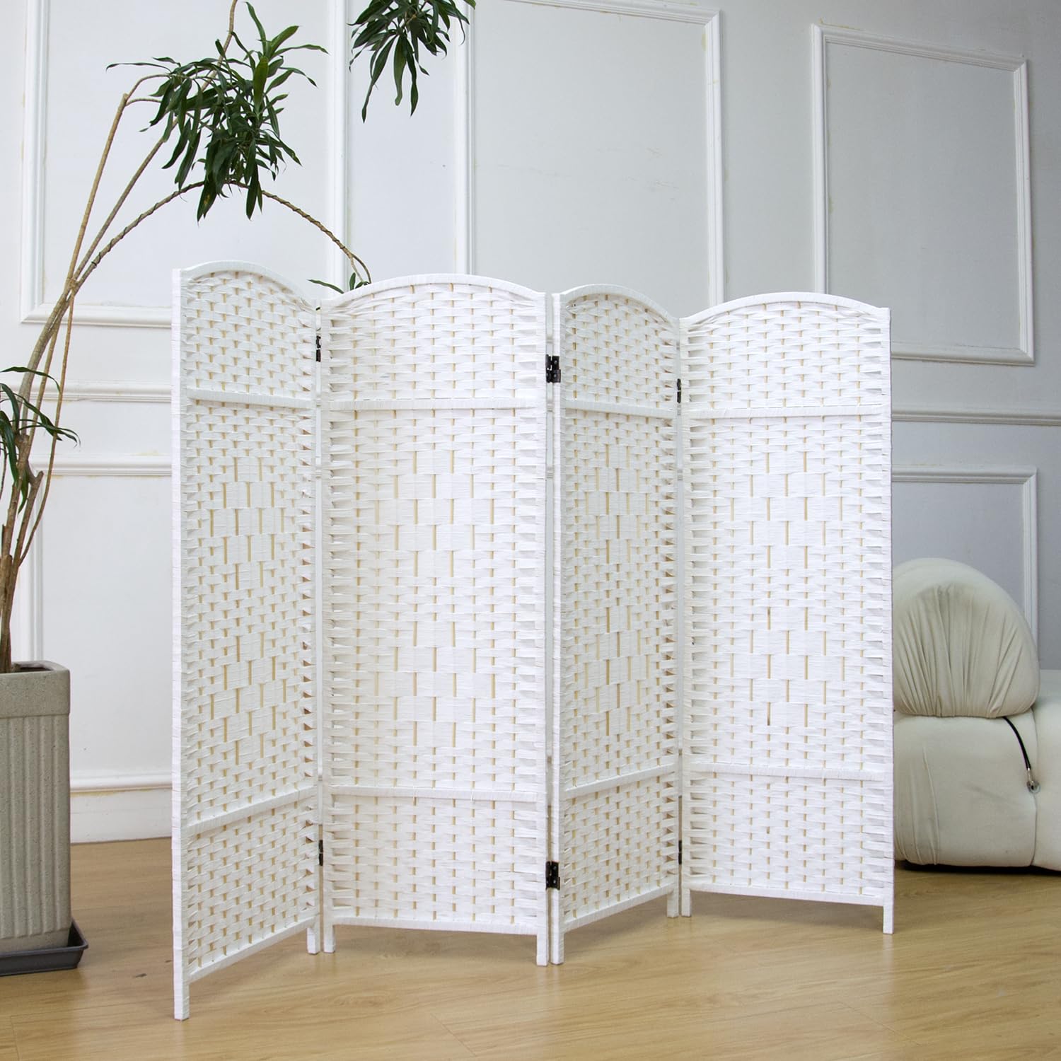 Furnnylane 4 Panel White Rattan Divider Short Room Partition Screen,Double Sided Short Folding Divider for Room Separation,120 cm Tall