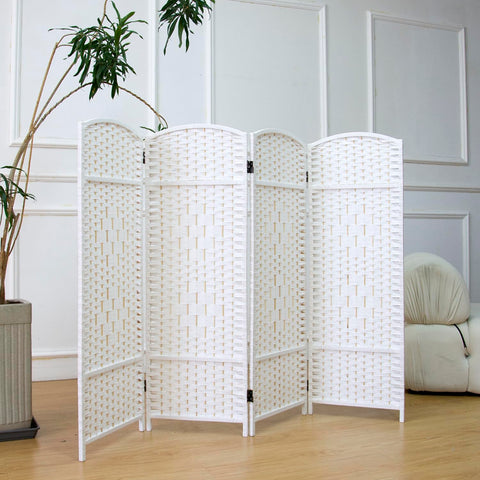 Furnnylane 4 Panel White Rattan Divider Short Room Partition Screen,Double Sided Short Folding Divider for Room Separation,120 cm Tall
