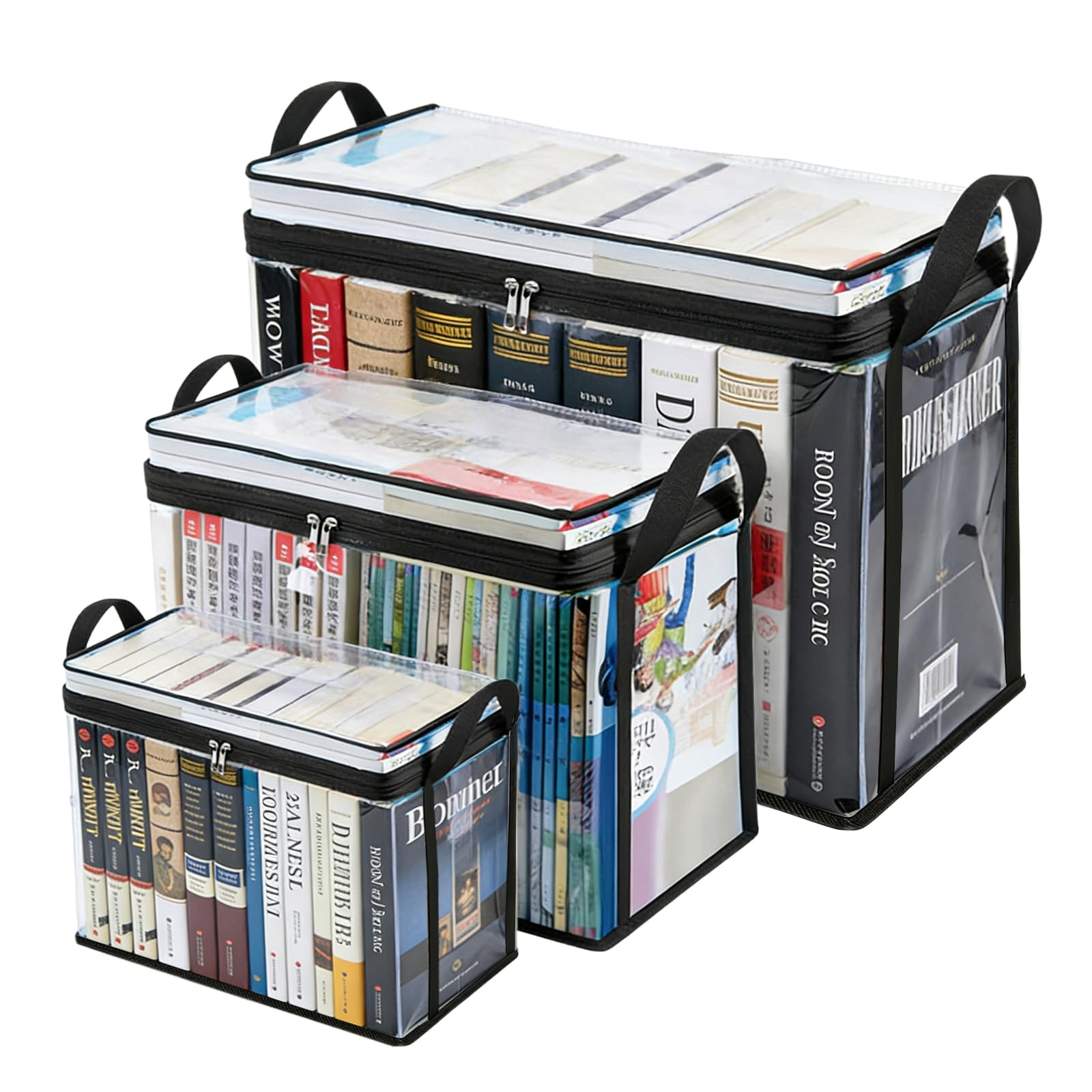 3 Pack Book Storage Box, Heavy Duty Storage Boxes with Lids for Books Transparent Book Storage Organizer Foldable Storage Boxes for Books Sturdy Book