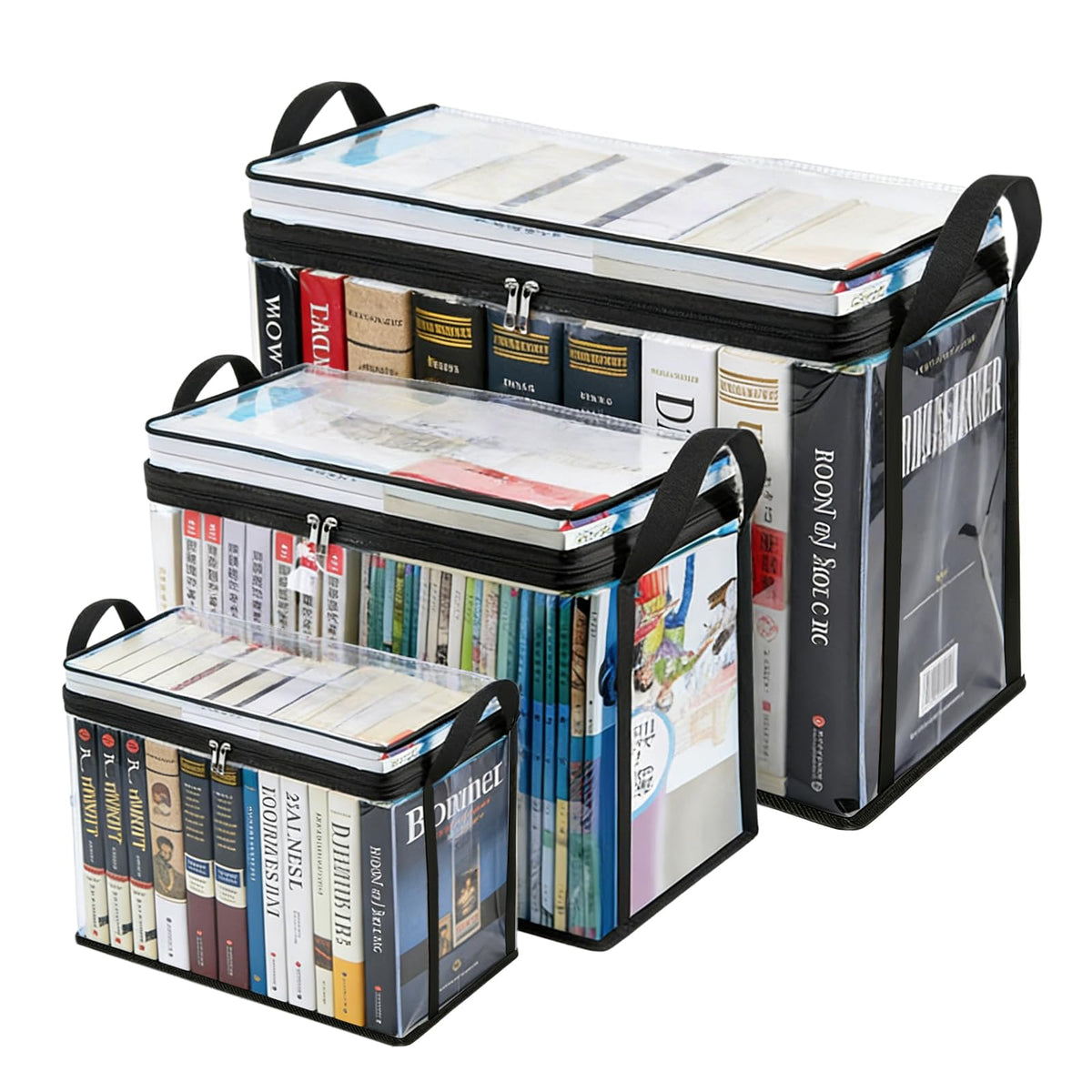 3 Pack Book Storage Box, Heavy Duty Storage Boxes with Lids for Books Transparent Book Storage Organizer Foldable Storage Boxes for Books Sturdy Book