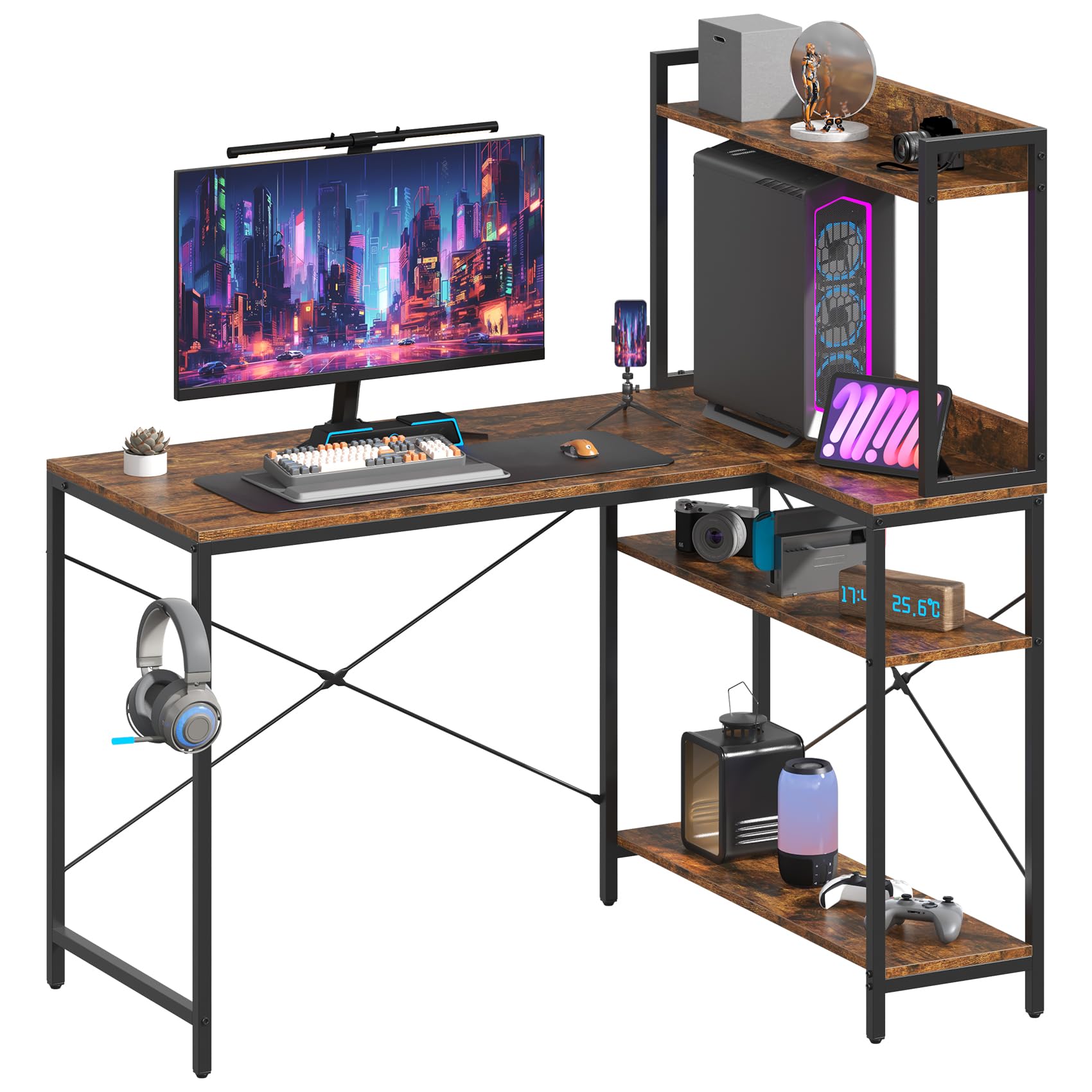 Feonase 47" L-Shaped Computer Desk Gaming Desk with Durable Metal Frame, Corner Desk with 4 Sheves and Hook