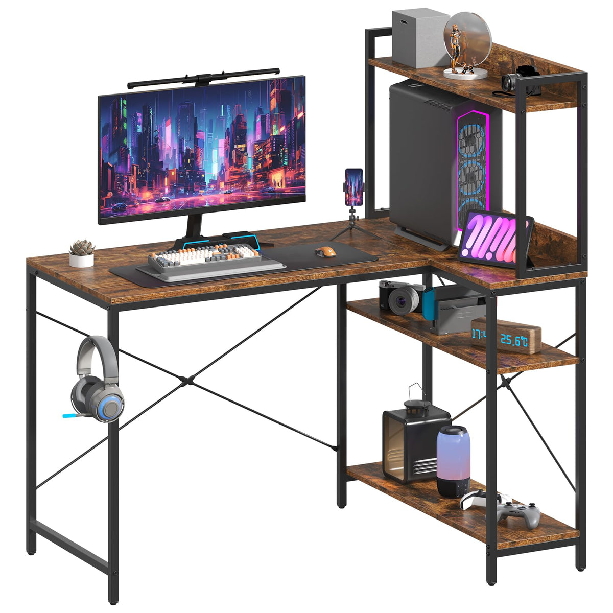 Feonase 47" L-Shaped Computer Desk Gaming Desk with Durable Metal Frame, Corner Desk with 4 Sheves and Hook