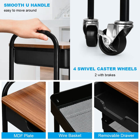 Shrivee 3-Tier Kitchen Trolley With Table and Drawer, All-Purpose Metal Shelf for Office, Salon, Cosmetics, Serving Cart for Kitchen, Bathroom