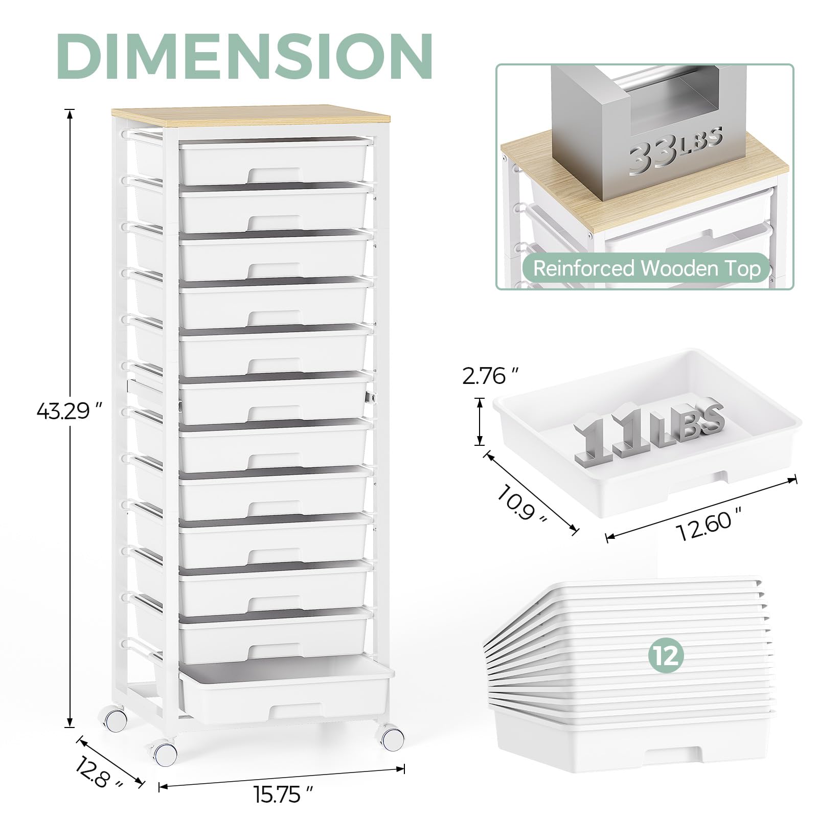 SYKIARIOL 12-Drawer Storage Trolley Rolling Cart with Wooden Top, White