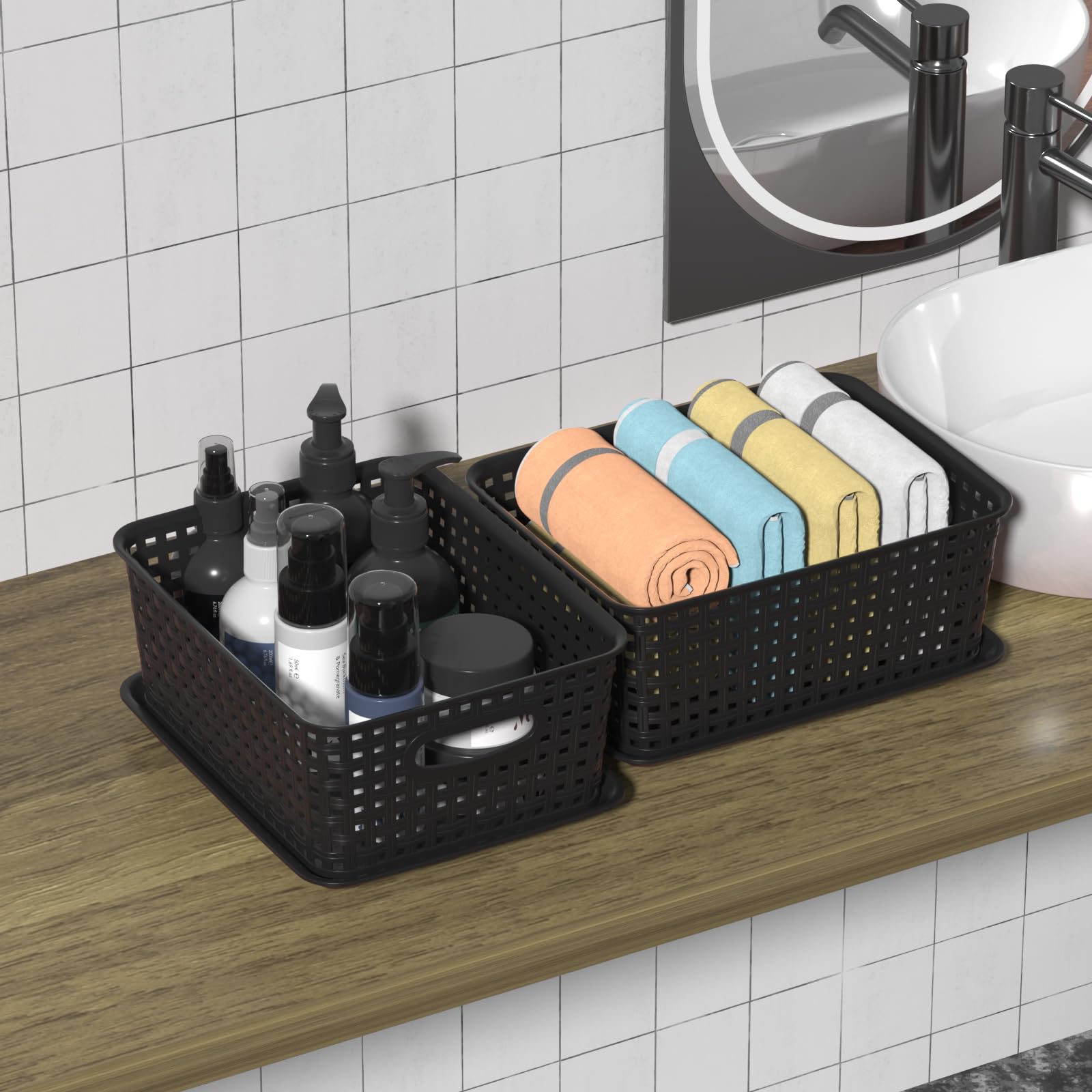 Wakikini Woven Plastic Storage Baskets with Lids, Small Weave Bins, Black