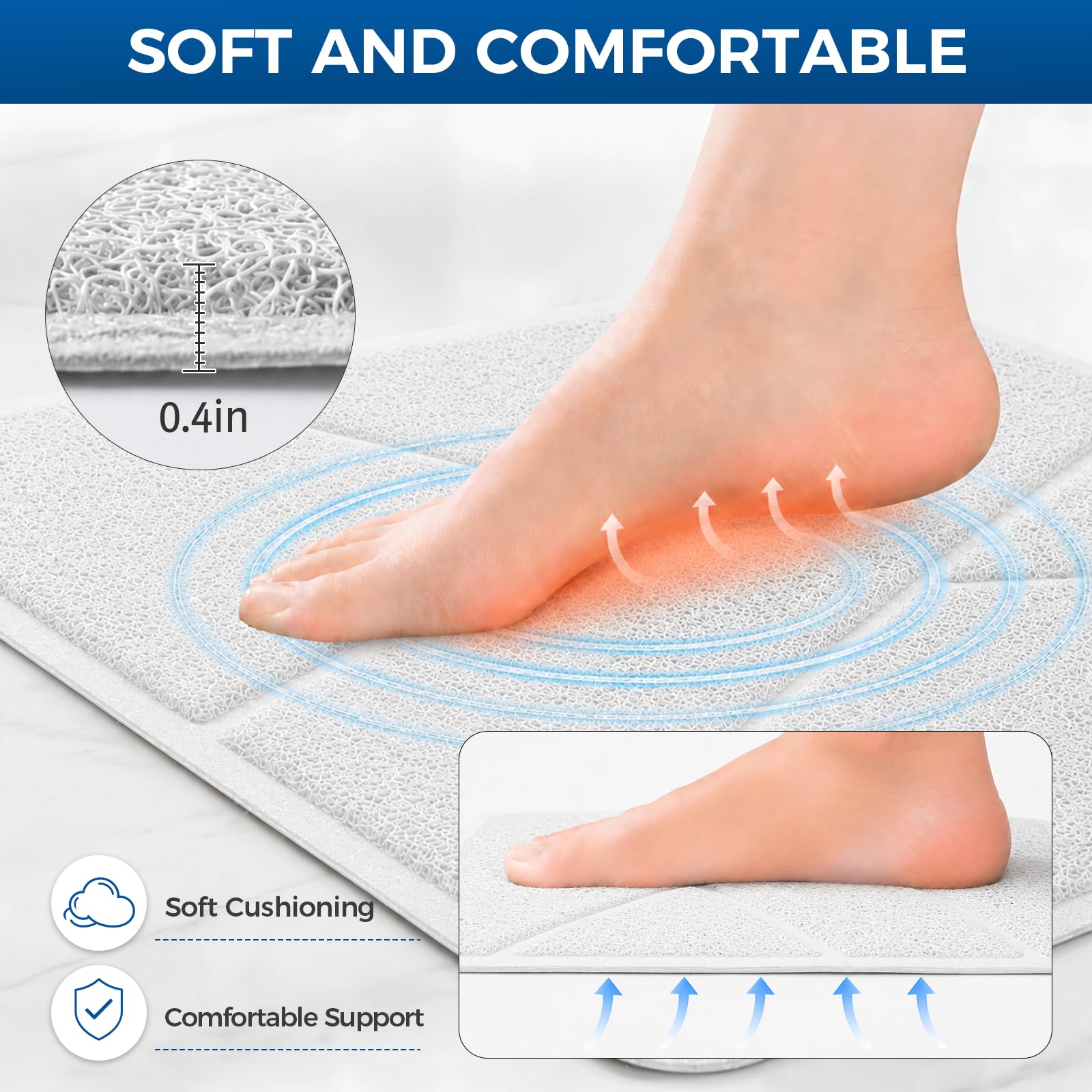 XIYUNTE Square Shower Mat Non Slip Anti Mould, Bath Mat with Heat-Pressed Edging 60x60cm, INCL. Hooks for Drying