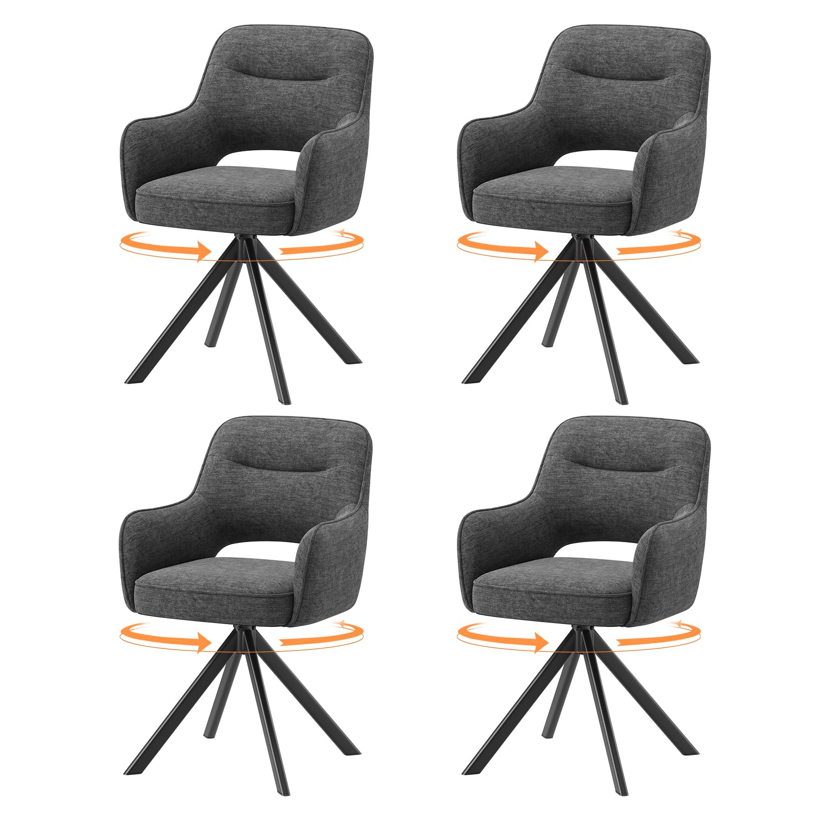 COLAMY 360°Swivel Dining Chairs Set of 4, Fabric Chairs for Dining Room with Armrests, Hollow Backrest and Thick Seat Cushion