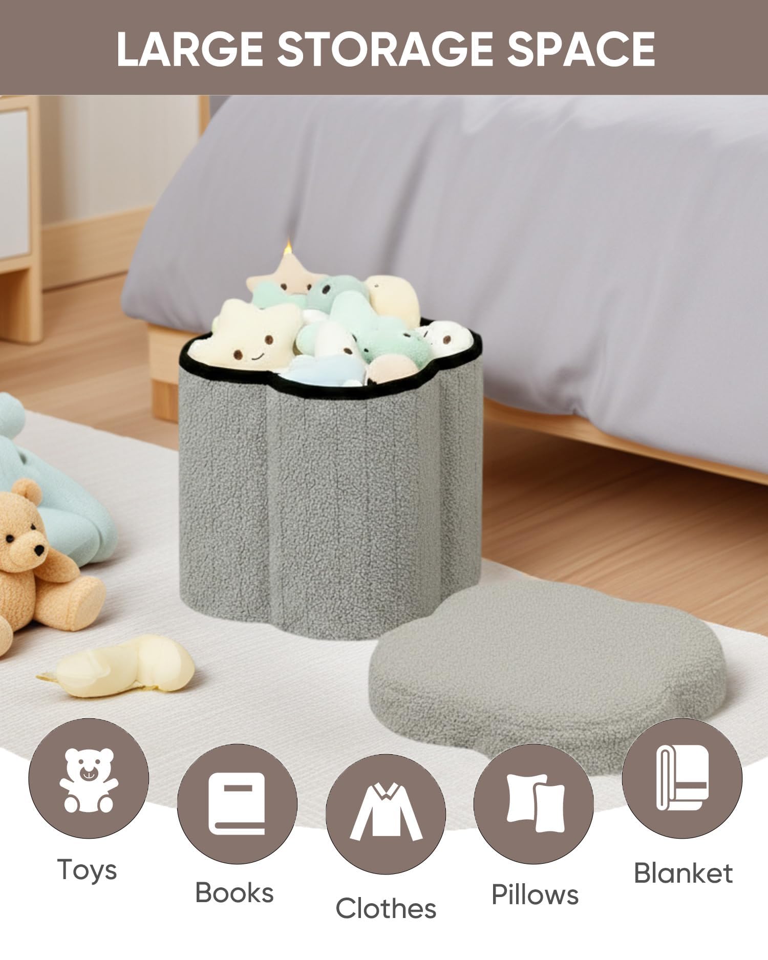Bonlife Grey Ottoman Storage Box,Folding Storage Seat Box,Small Footstool For Living Room,Kid's Toy Chest Box,Teddy Flower Shape,32x32x32cm