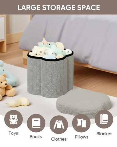Bonlife Grey Ottoman Storage Box,Folding Storage Seat Box,Small Footstool For Living Room,Kid's Toy Chest Box,Teddy Flower Shape,32x32x32cm