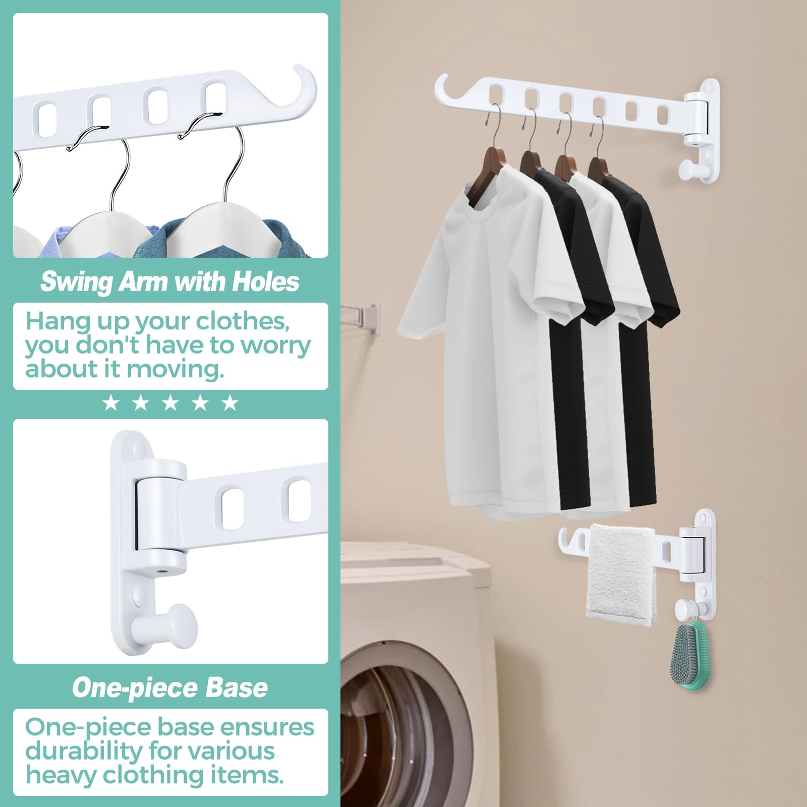 SKIKEN Wall Mounted Clothes Hanger with Swing Arm, Wall Mounted Swing Away Drying Rack, 180°Rotation, Safe Laundry Hanger, Space Saver