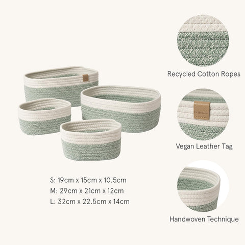 LA JOLIE MUSE Small Cotton Woven Storage Baskets, White & Green, 4 Pack