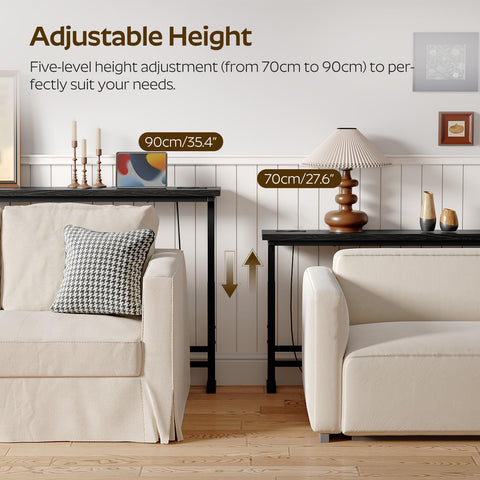 YATINEY 15 cm Slim Console Table, Height-Adjustable Behind Sofa Table, 200 cm Hallway Table, Narrow Long Sofa Table with Power Outlet