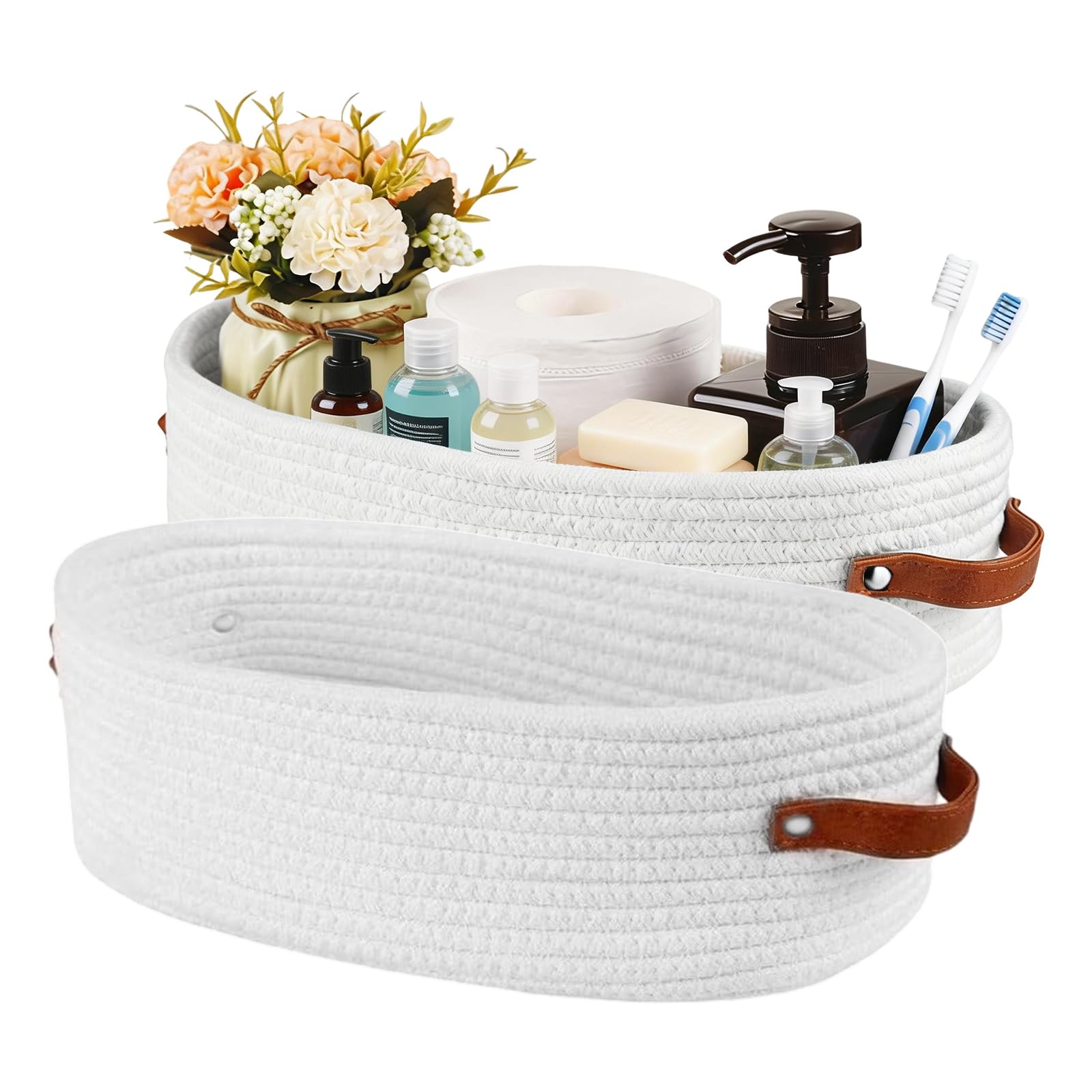 TIANLIN 2-Pack Woven Cotton Rope Small Storage Basket with Leather Handles, 33x15x10 cm (13"x6"x4"), Small Organiser Baskets for Bathroom, Bedroom