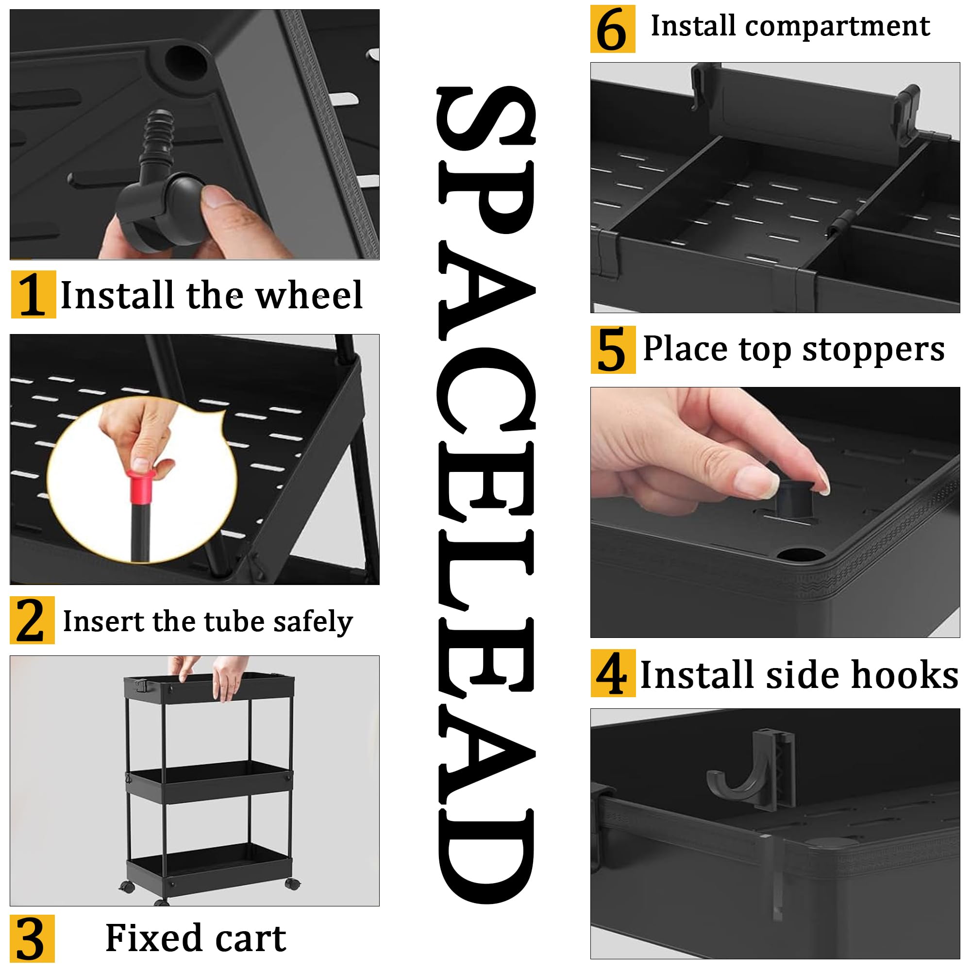 SPACELEAD Slim Storage Cart 3 Tier,Bathroom Organizer Rolling Utility,Mobile Shelving Unit Slide Out for Office, Kitchen