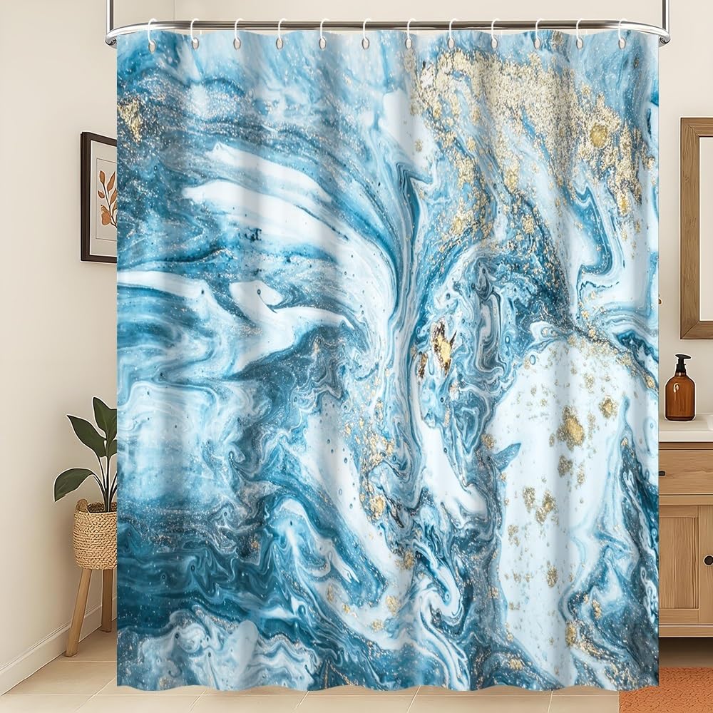 Xiaoterna Blue Marble Shower Curtain Modern Concise Design Waterproof Bathroom Curtain Abstract Contemporary Aesthetic Washable Mildew Resistant
