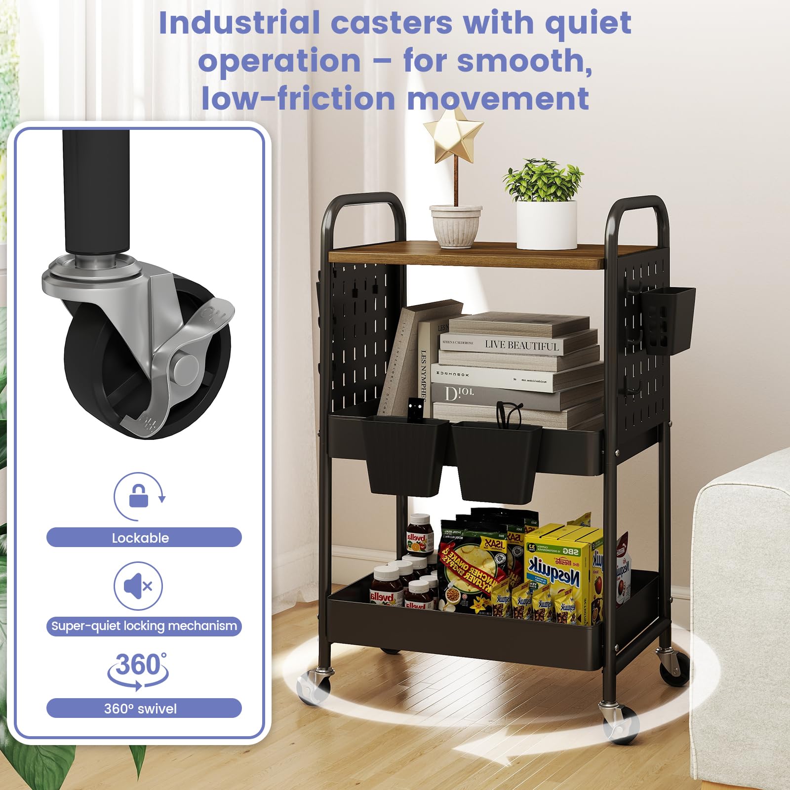 danpinera 3 Tier Rolling Cart, Metal Utility Cart with Wooden Table Top & DIY Pegboard, Rolling Carts