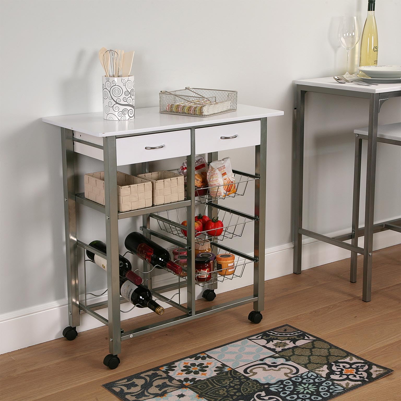 Versa Leicester Kitchen trolley with wheels, drawers and bottle rack, Greengrocer with pantry and organizers, Kitchen storage, Measurements