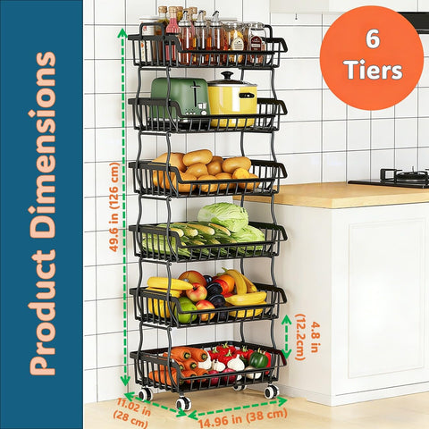 Metal Wire Basket with Top handle and Rolling wheels, Stackable Separable Storage Cart, Heavy Duty Organizer for Kitchen, Bathroom, Bedroom