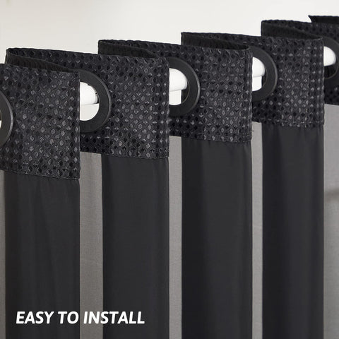 Furlinic Shower Curtain Hookless Black Jacquard Waffle Fabric 75inch Long Weighted Anti Mould with White Polyester Snap in Liner and Mesh Curtains