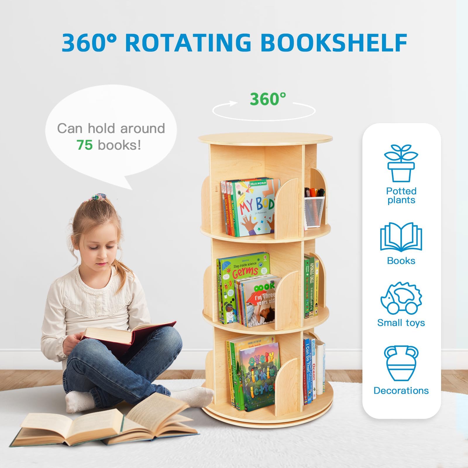 OOOK Rotating Bookshelf, 3 Tier Corner Spinning Bookshelf for Small Space