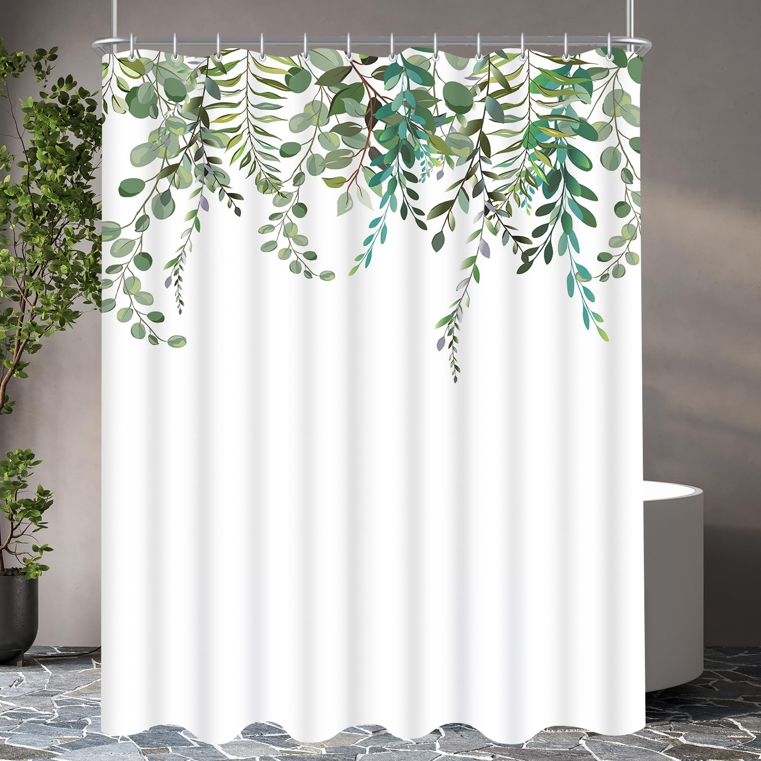 Lerores Shower Curtain, 200 x 200 cm, Green Leaves, Weighted Hem, Anti-Mould Textile, Water-Repellent
