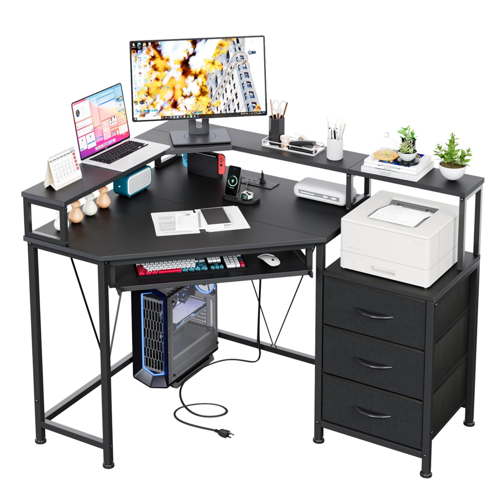 Flrrtenv 90x120cm Corner Desk with 3 Drawers, L Shaped Computer Desk with Keyboard Tray with Power Outlet & Monitor Stand