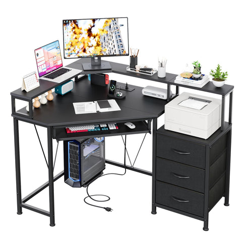 Flrrtenv 90x120cm Corner Desk with 3 Drawers, L Shaped Computer Desk with Keyboard Tray with Power Outlet & Monitor Stand