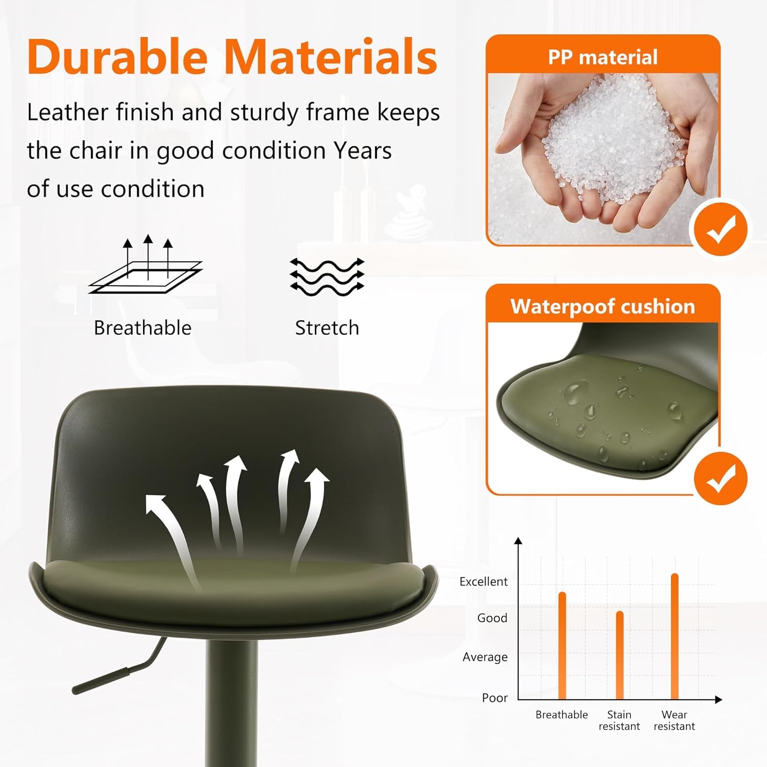 YOUNIKE Bar Stools Olive Set of 2 Modern PU Leather Counter Height Barstools, Sage Green Padded Adjustable Swivel High Chairs with Low Back for