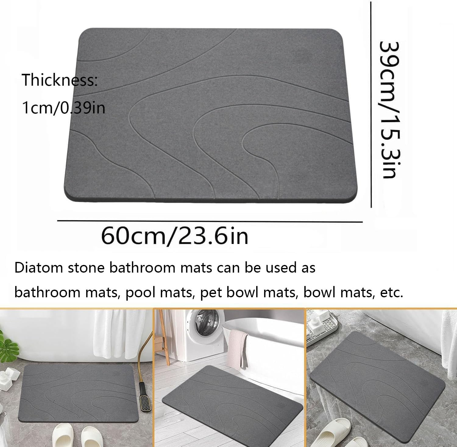 Dai Lufei Stone Bath Mat - Natural Diatomaceous Earth Super Absorbent Shower Mat, Quick Drying, Non-Slip Bath Mat, Bath and Bathroom Floor (Dark Grey)