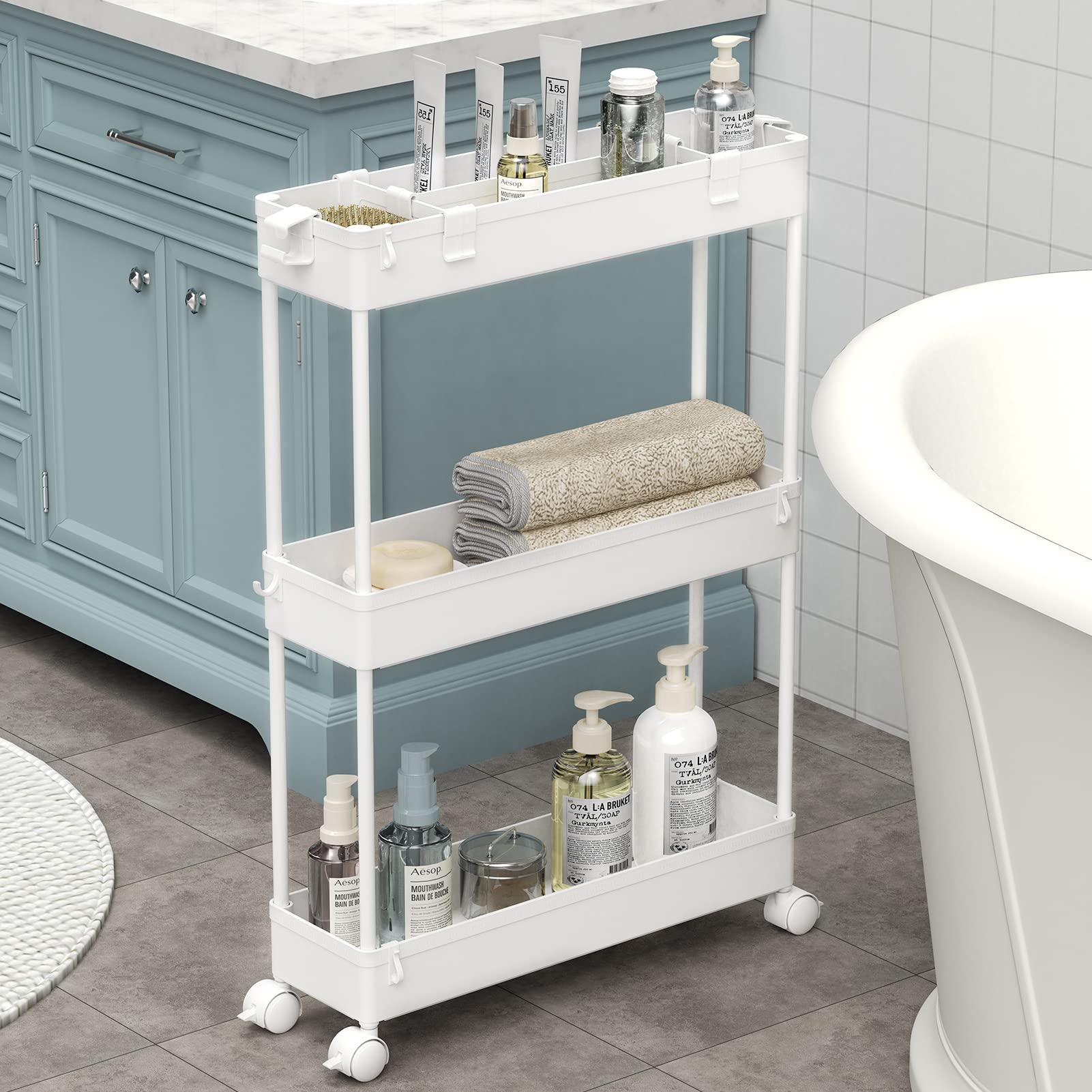 SAKA Slim Storage Cart,3 Tier Bathroom Rolling Utility Cart Storage Organizer Slide Out Cart