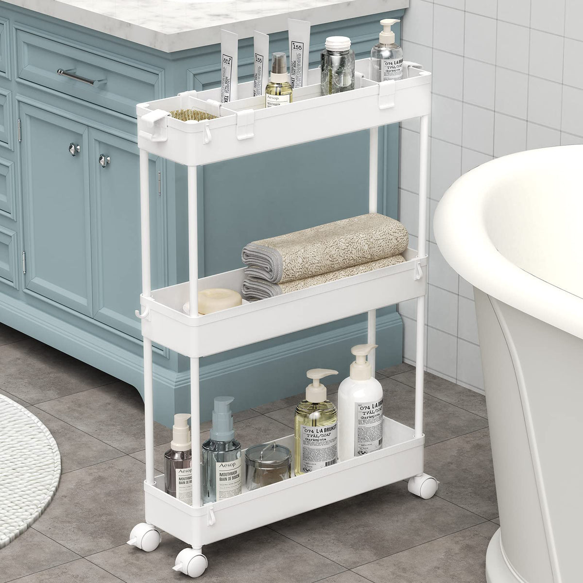 SAKA Slim Storage Cart,3 Tier Bathroom Rolling Utility Cart Storage Organizer Slide Out Cart