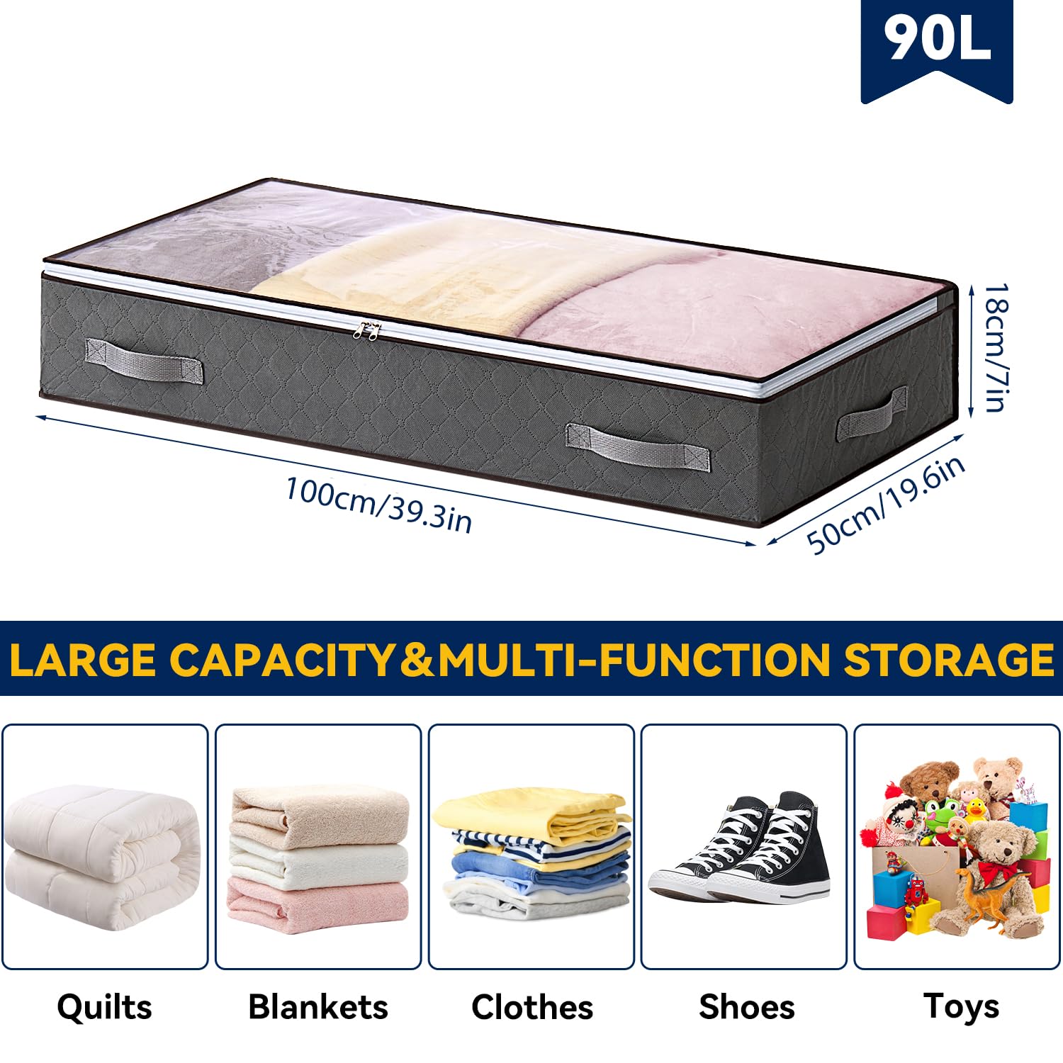 Boic 3 Pack Underbed Storage, 90L Underbed Storage Bags, Under Bed Storage Box With Lid With Zips Bags With Handle For Clothes Quilts Blankets Beddin