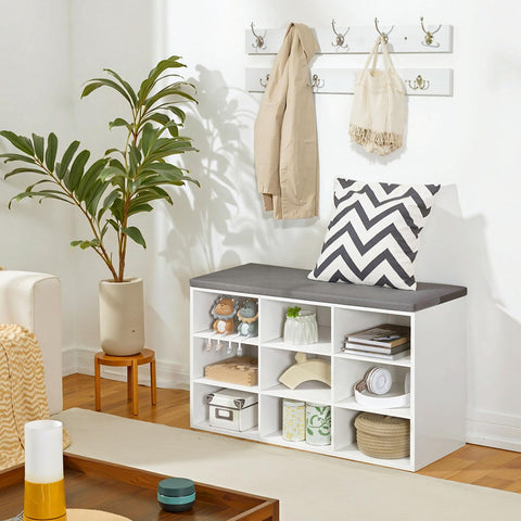 HOOBRO Shoe Storage Bench with Cushion and Coat Hooks, Shoe Rack Bench with Padded Seat, 80 cm Coat Rack for Hallway, 9 Compartments