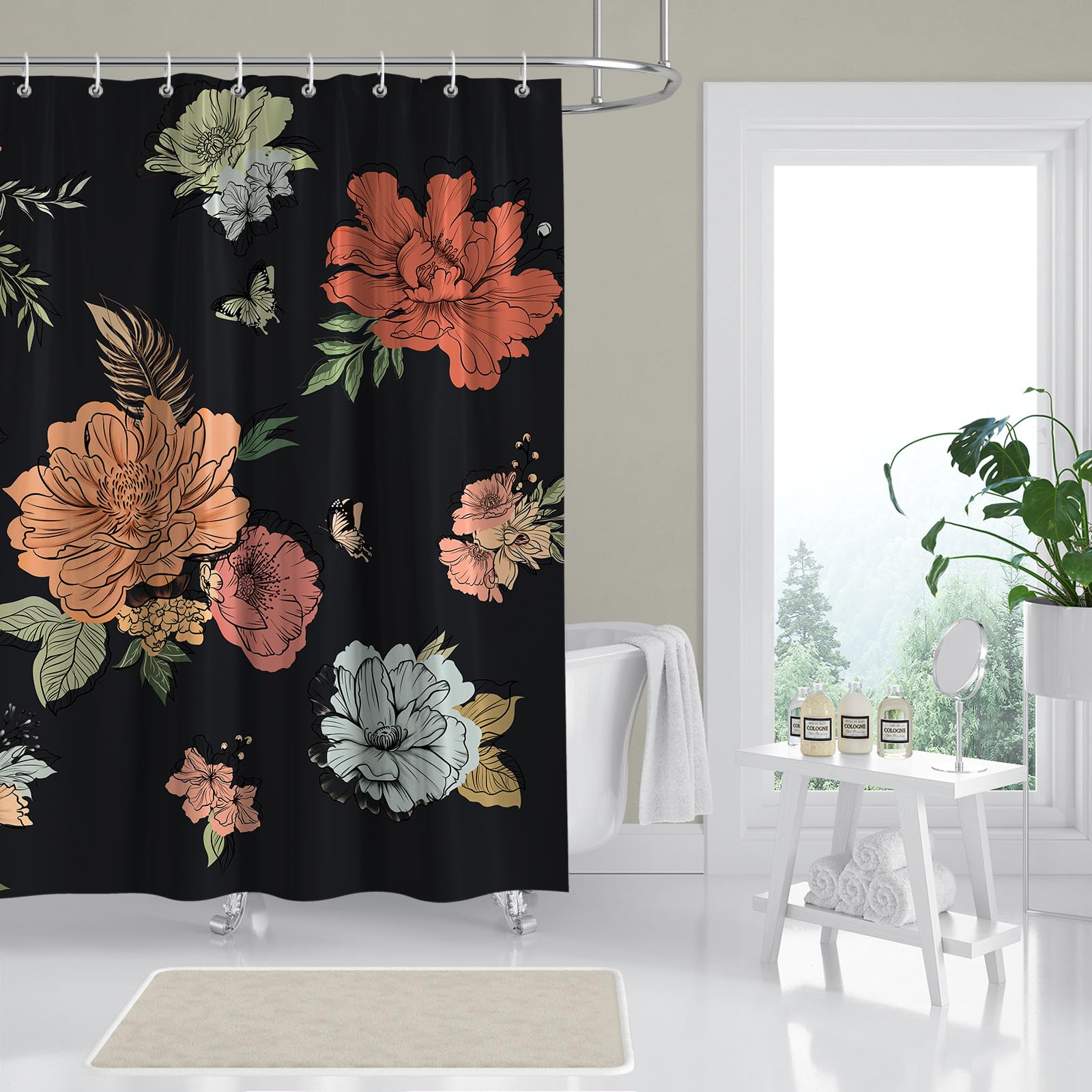 BREASOME Waterproof Shower Curtain 180 x 180 cm Floral and Butterfly Shower Curtain for Bathroom Decor Mould Proof Polyester Fabric Bath Curtain with