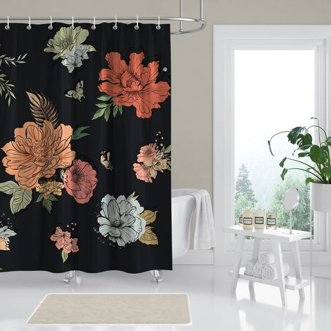 BREASOME Waterproof Shower Curtain 180 x 180 cm Floral and Butterfly Shower Curtain for Bathroom Decor Mould Proof Polyester Fabric Bath Curtain with