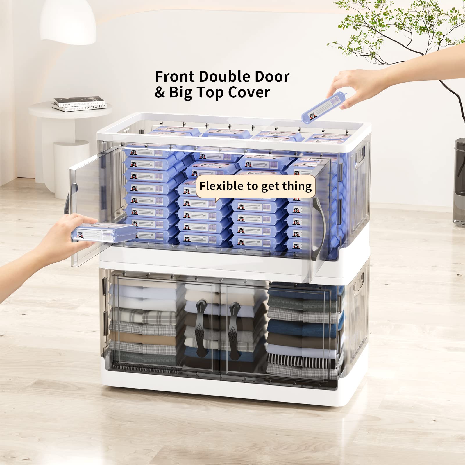 Kiseely Storage Box with Lids, 172L Collapsible Large Storage Bins, Plastic Foldable Storage Box with Wheels
