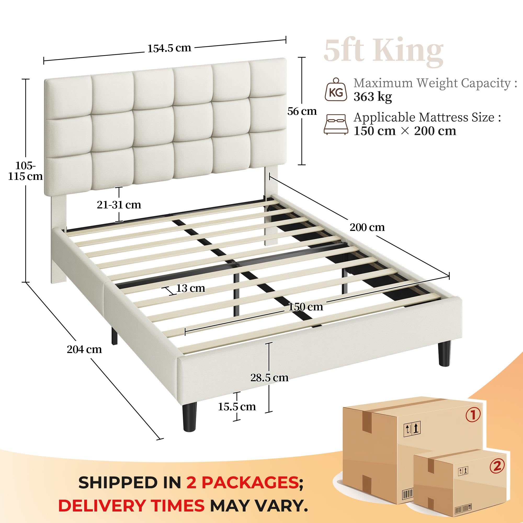 Yaheetech 5ft King Bed Frame, Upholstered Headboard, Beige