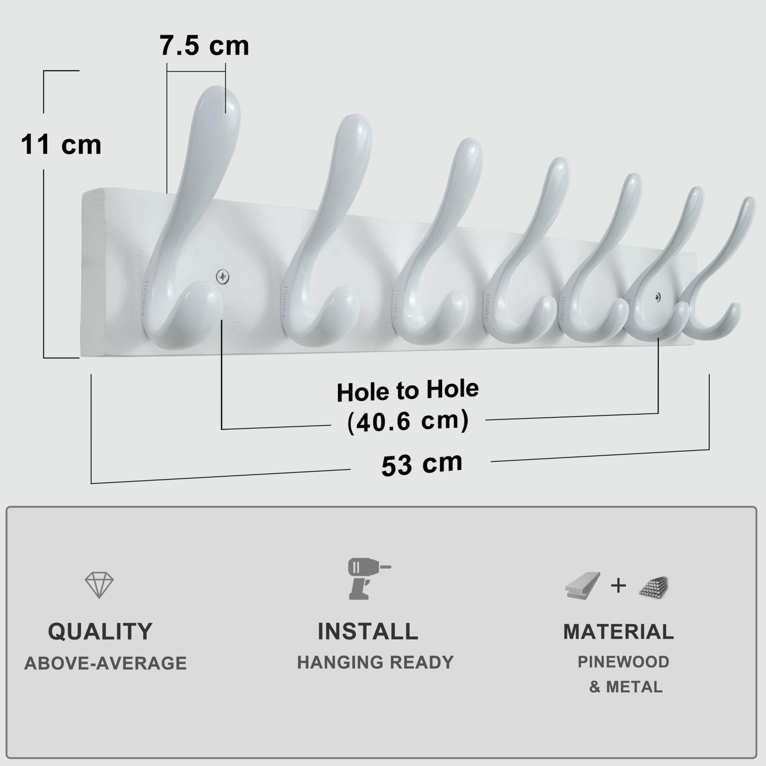 HONSKY Wall Coat Rack, 53cm Wooden Coat Hanger with 7 Double Hooks,Wall Coat Hook,Towel Rack Hanging Coat,Towel,Bag for Entryway, Hallway, Bedroom