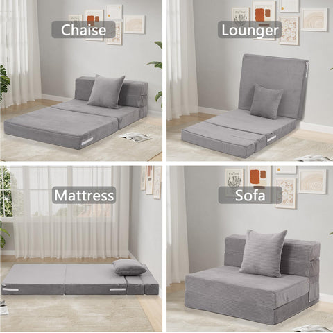 MeMoreCool Folding Mattress Single, Corduroy Fold Out Sofa Bed, Grey