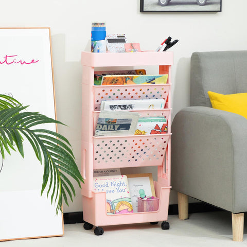DOEWORKS Mobile Bookshelf with Wheels Small Rolling Book Storage Trolley Craft Trolley Art Trolleys 5-Tier Slim Bookcase Movable Bookshelf for Living