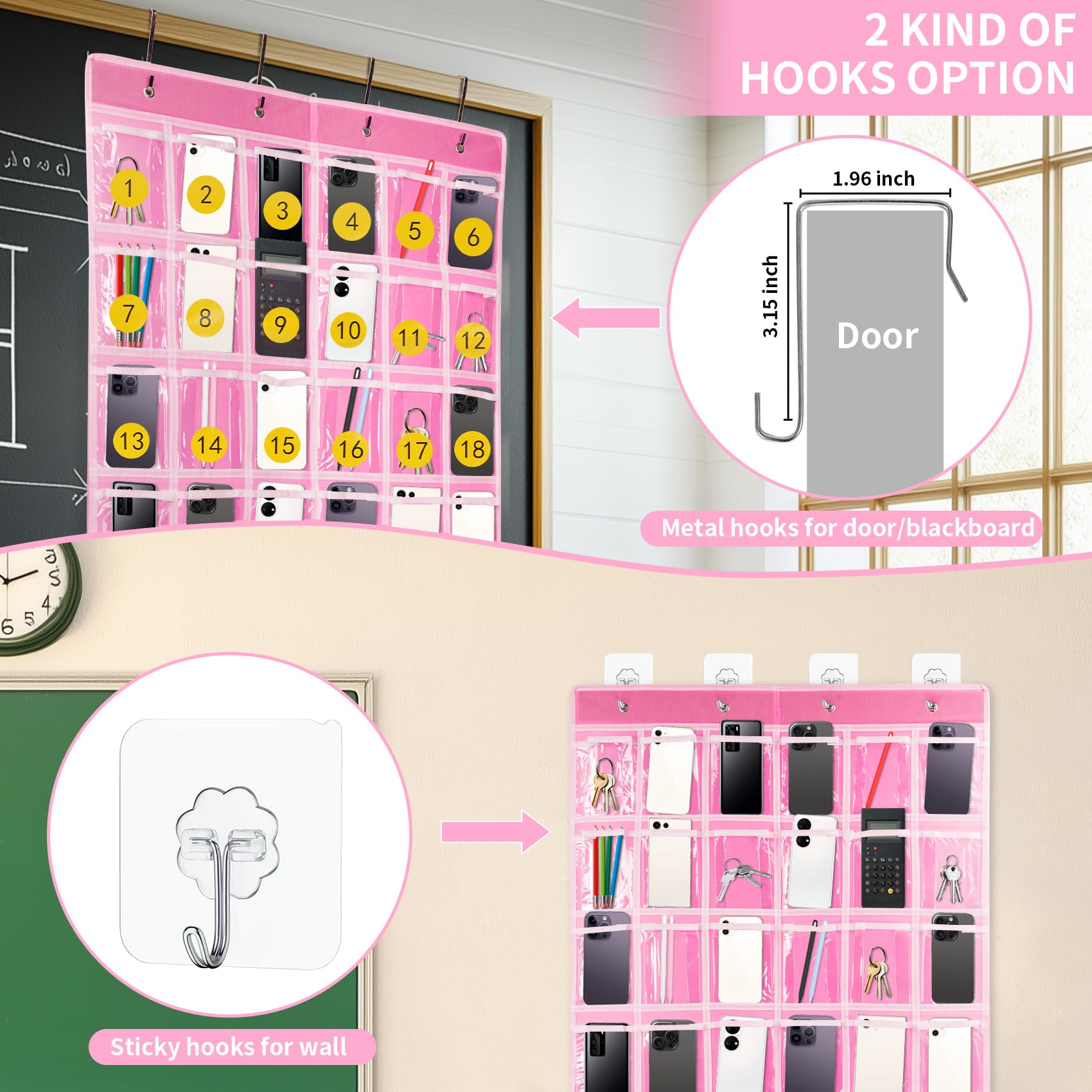 SAVORLIVING 36 Pocket Classroom Organizer, Phone Calculator Holder, Hanging Wall Door Caddy with Hooks and Number Stickers (Pink)