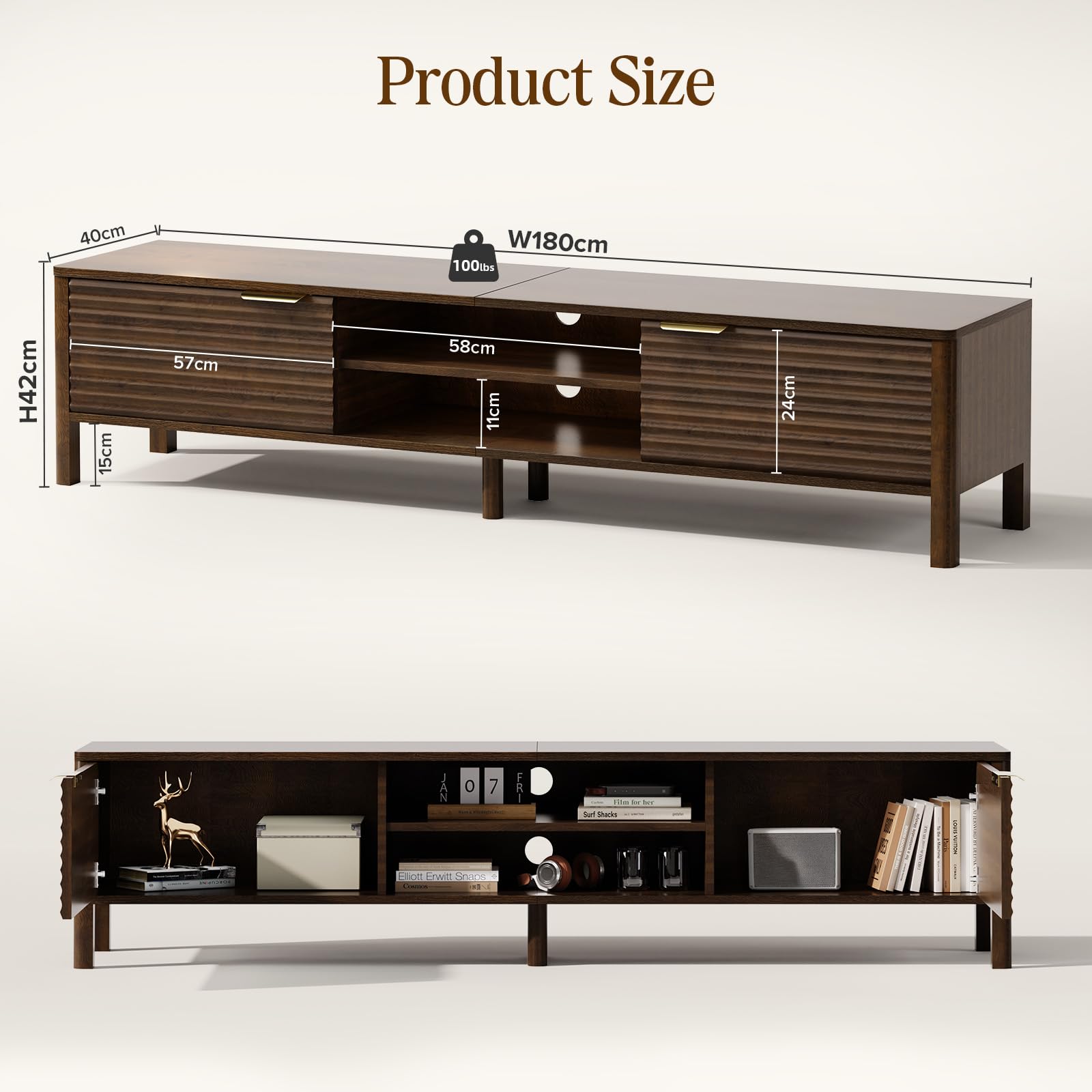IKALIFE 180cm Walnut TV Unit, Wooden TV Stand Cabinet with Storage