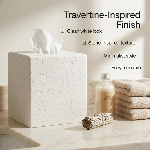 White Tissue Box Cover, Modern Square Decorative Tissue Box Holder with Travertine-Inspired Finish, Removable Magnetic Base Lid