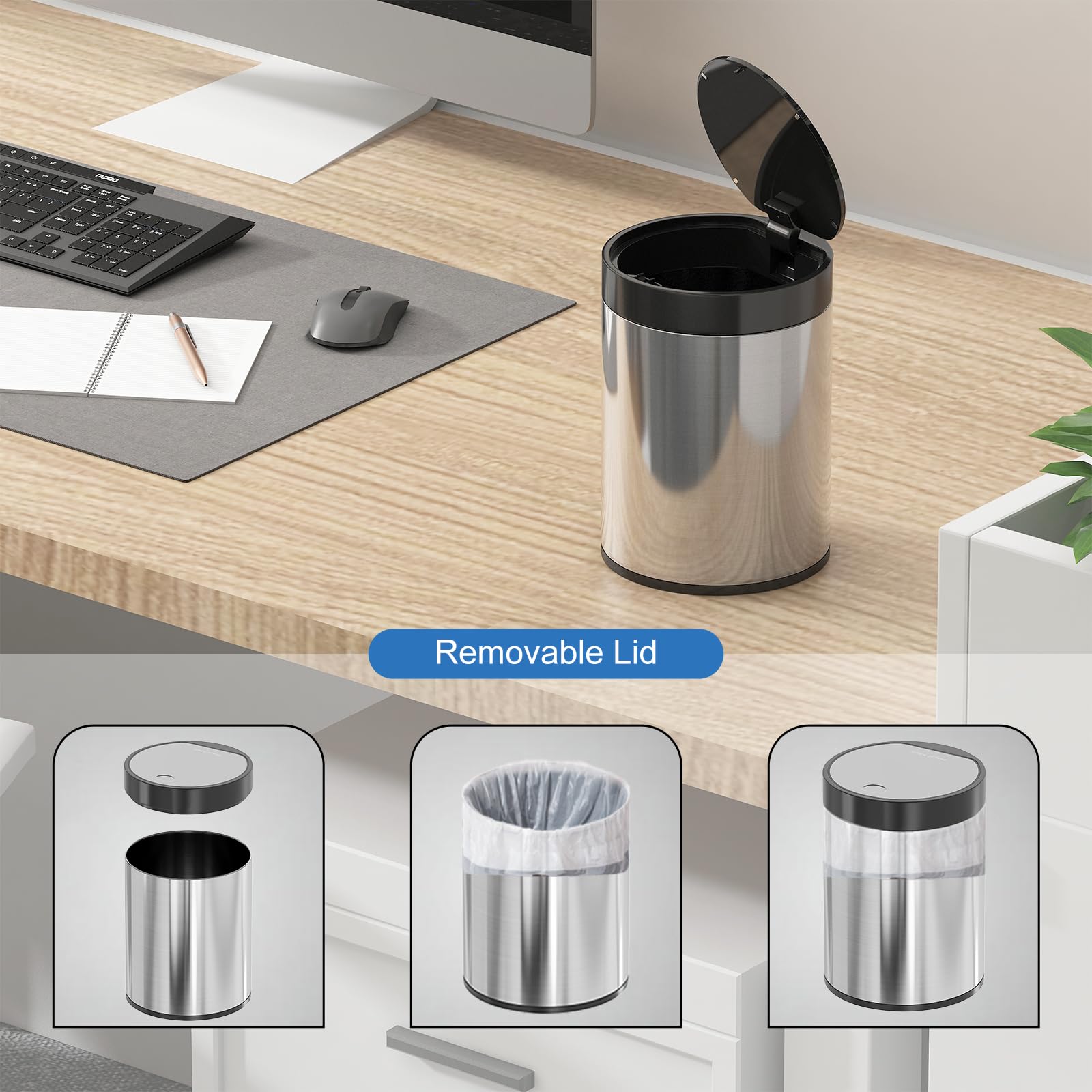 SolaceCove Mini Bin with Lid, Tea Bag Bin Stainless Steel Desktop Small Trash Can, 0.4Gal 1.5L Tabletop Trash Can