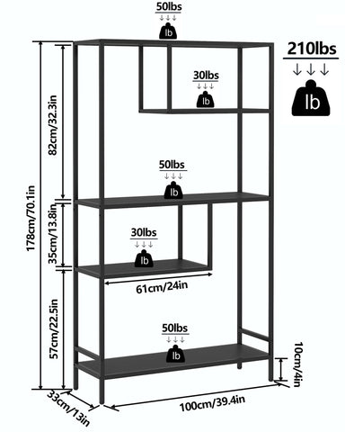 Yusong Black Bookshelf, Industrial Bookcase Open Storage Shelves with Metal Frame, Freestanding Display Rack Tall Shelving Unit for Living Room