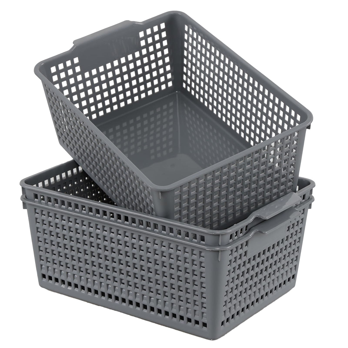 Afromy Set of 3 Plastic Storage Baskets, Rectangular Weave Storage Basket Bin, Grey